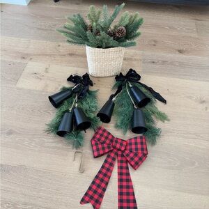 Christmas Lot of 5 Items, Festive Black Bell and Greenery Holiday Decor